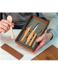 Juego de cuchillos con cuchara en caja de madera