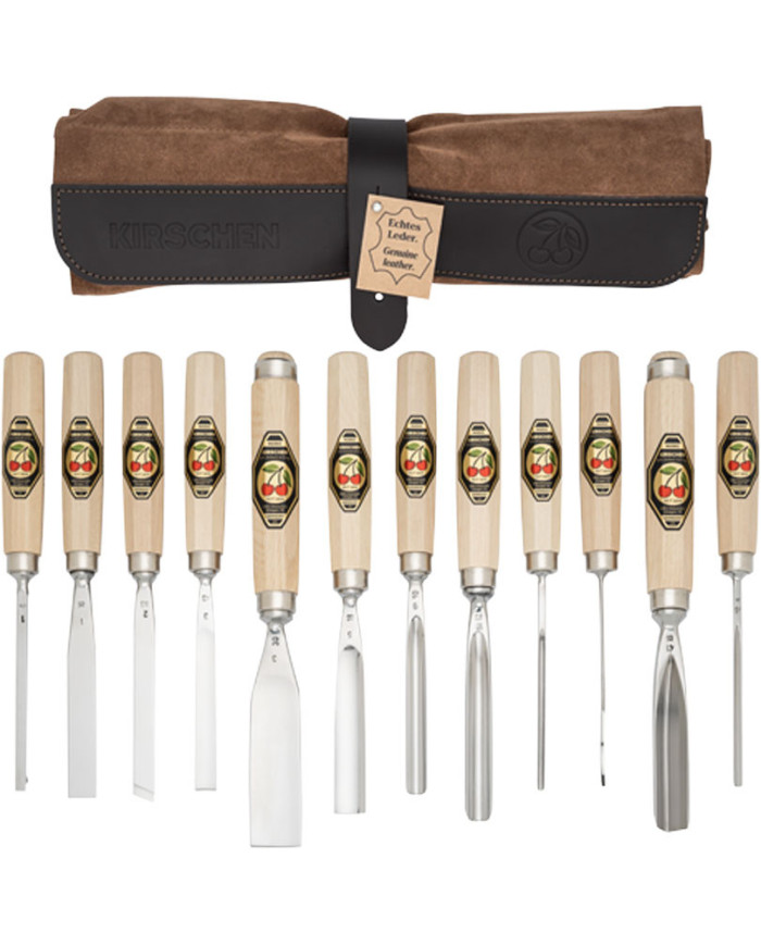 Juego de 12 gubias en funda de piel